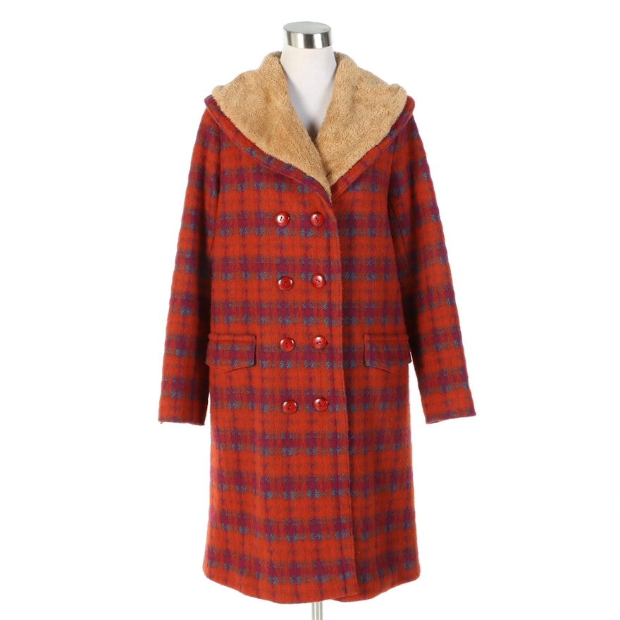 Anna Sui Plaid Wool Blend Double-Breasted Coat with Faux Shearling