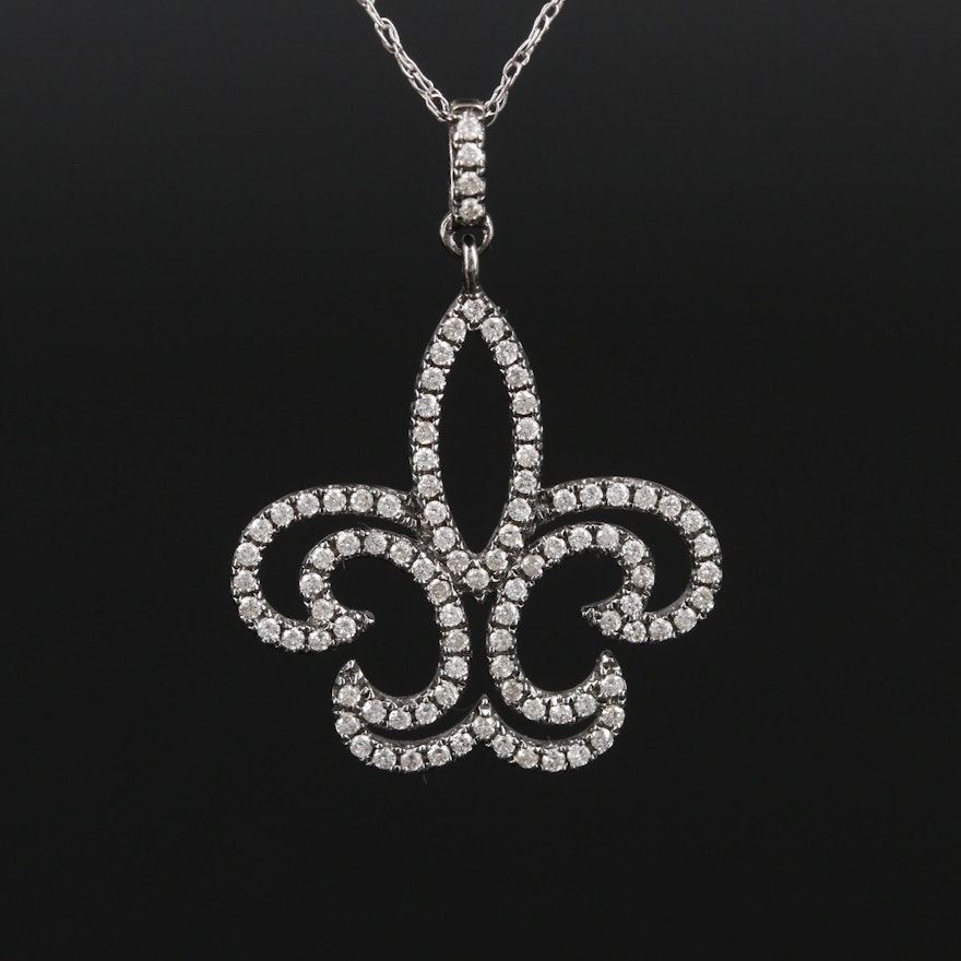 14K White Gold Diamond Fleur de Lis Pendant Necklace