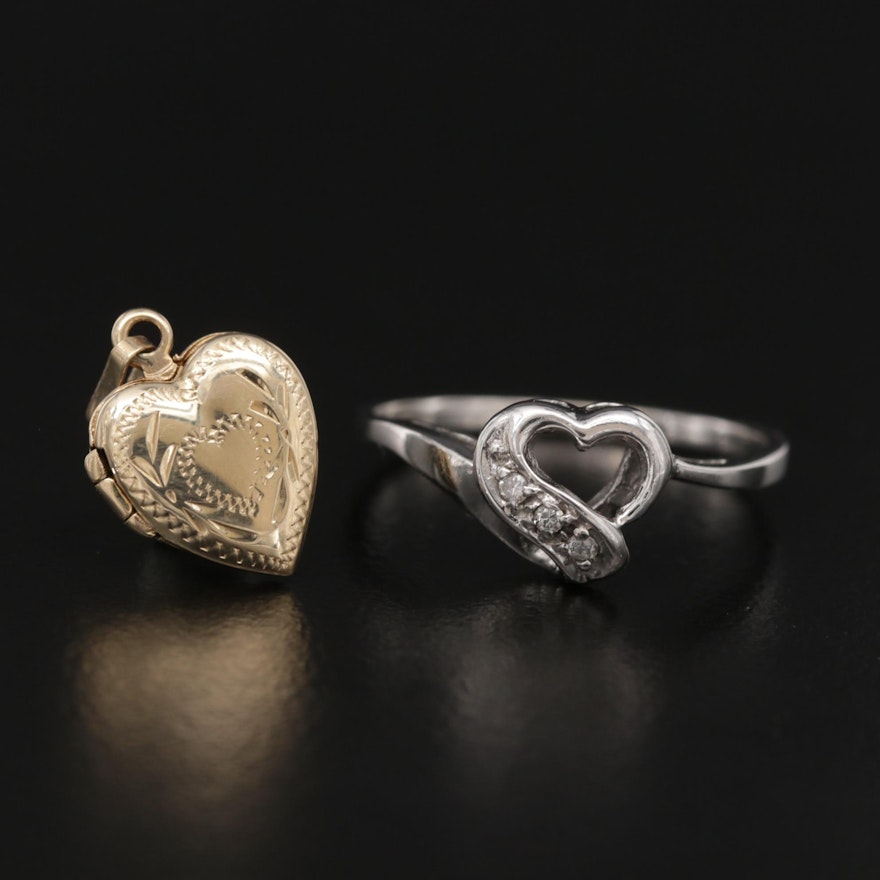 10K White Gold Diamond Heart Ring and 14K Yellow Gold Heart Locket Pendant