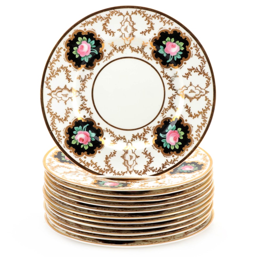 Cauldon Ltd Gilded Porcelain Luncheon Plates with Rose Motif, 1904–1920