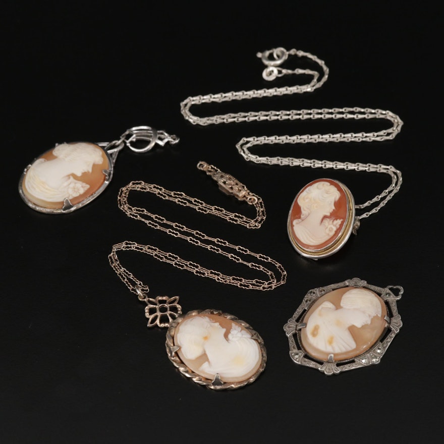 Vintage Sterling Silver Carved Shell Cameo Necklaces and Pendants