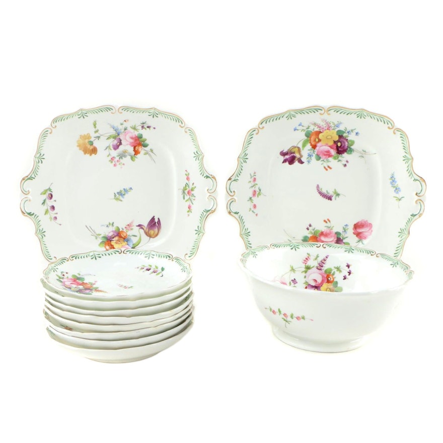English Hand-Painted Floral Porcelain Dessert Service Pieces, circa 1840