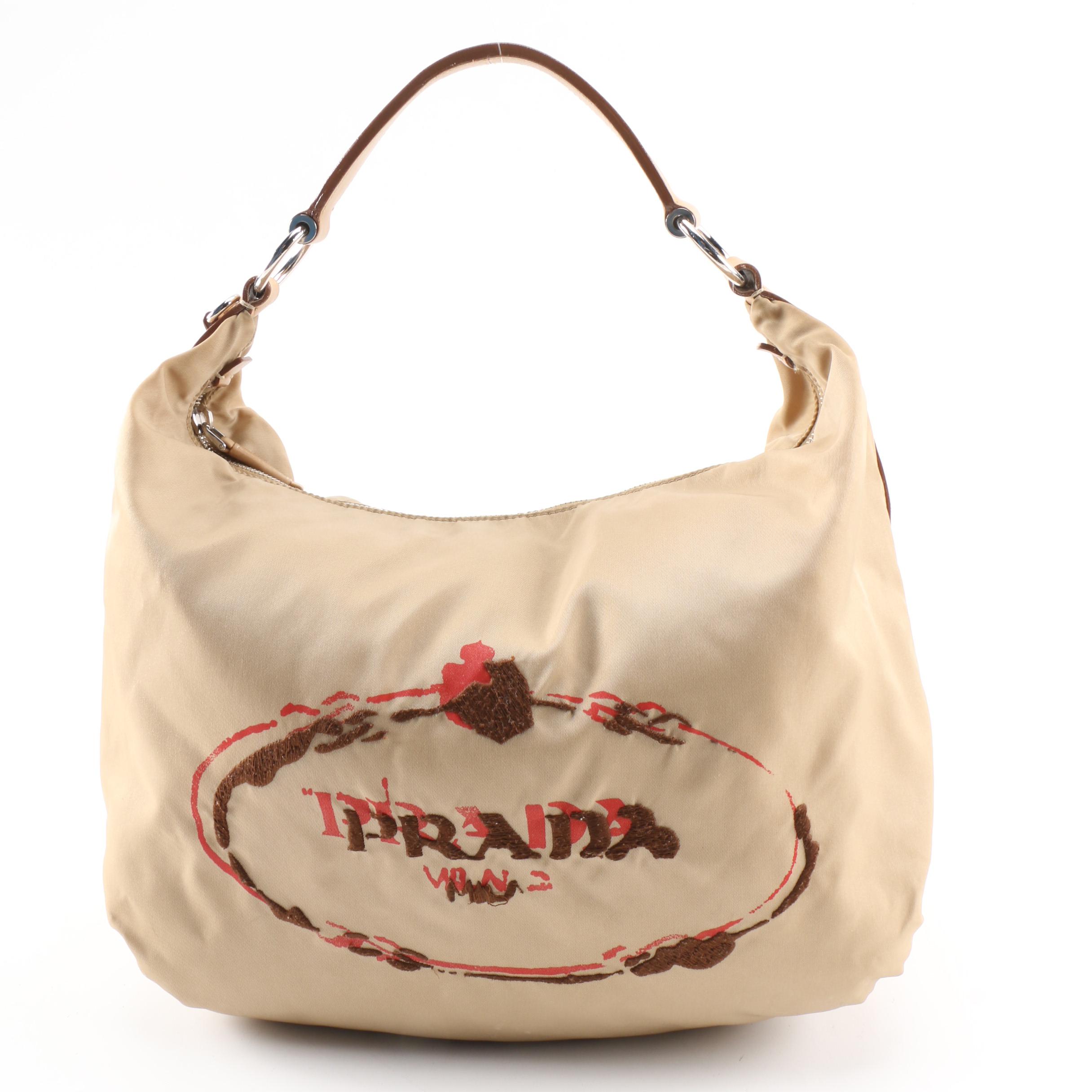 Prada Shoulder Bag in Beige Nylon and Leather