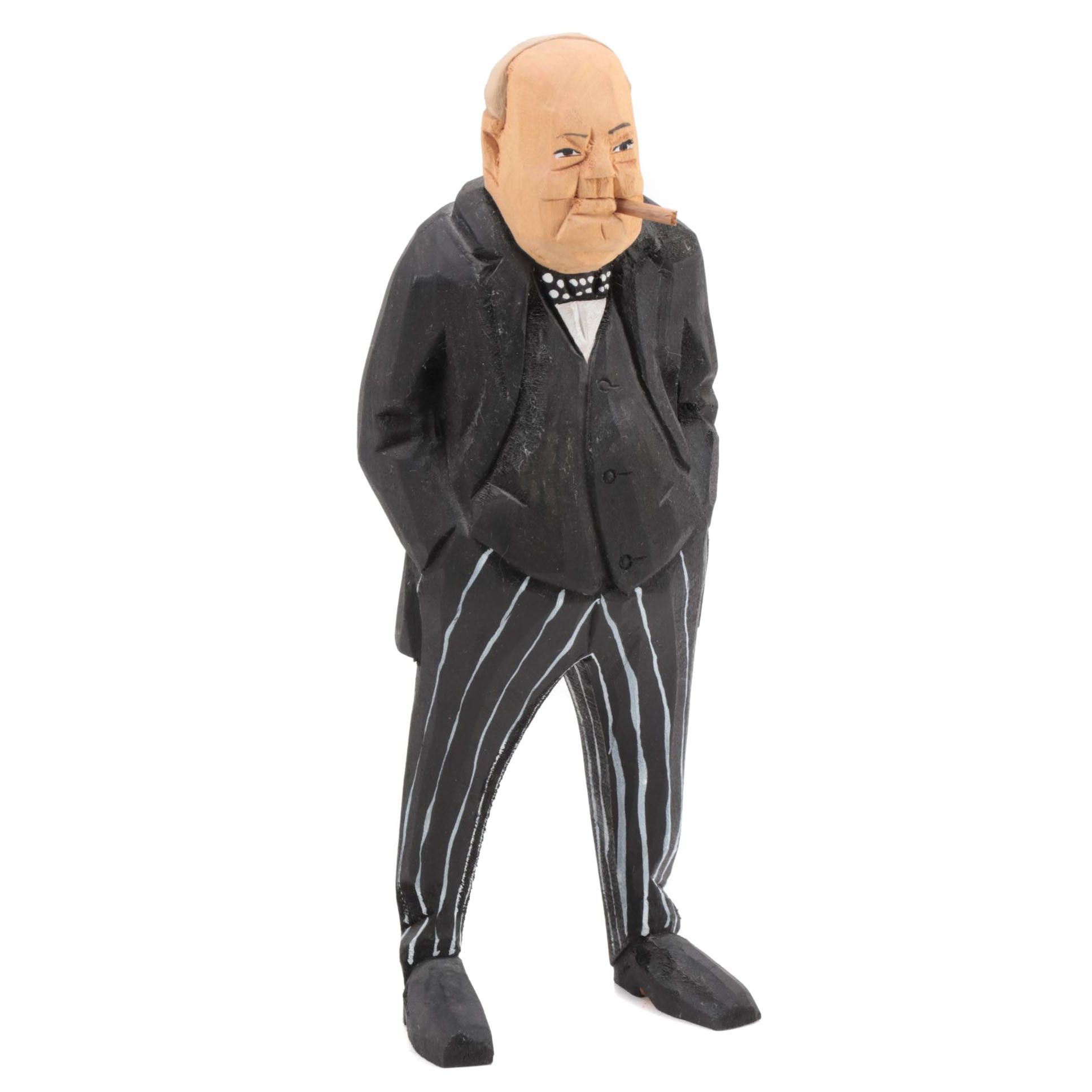 Carved Wood Winston Churchill Figurine