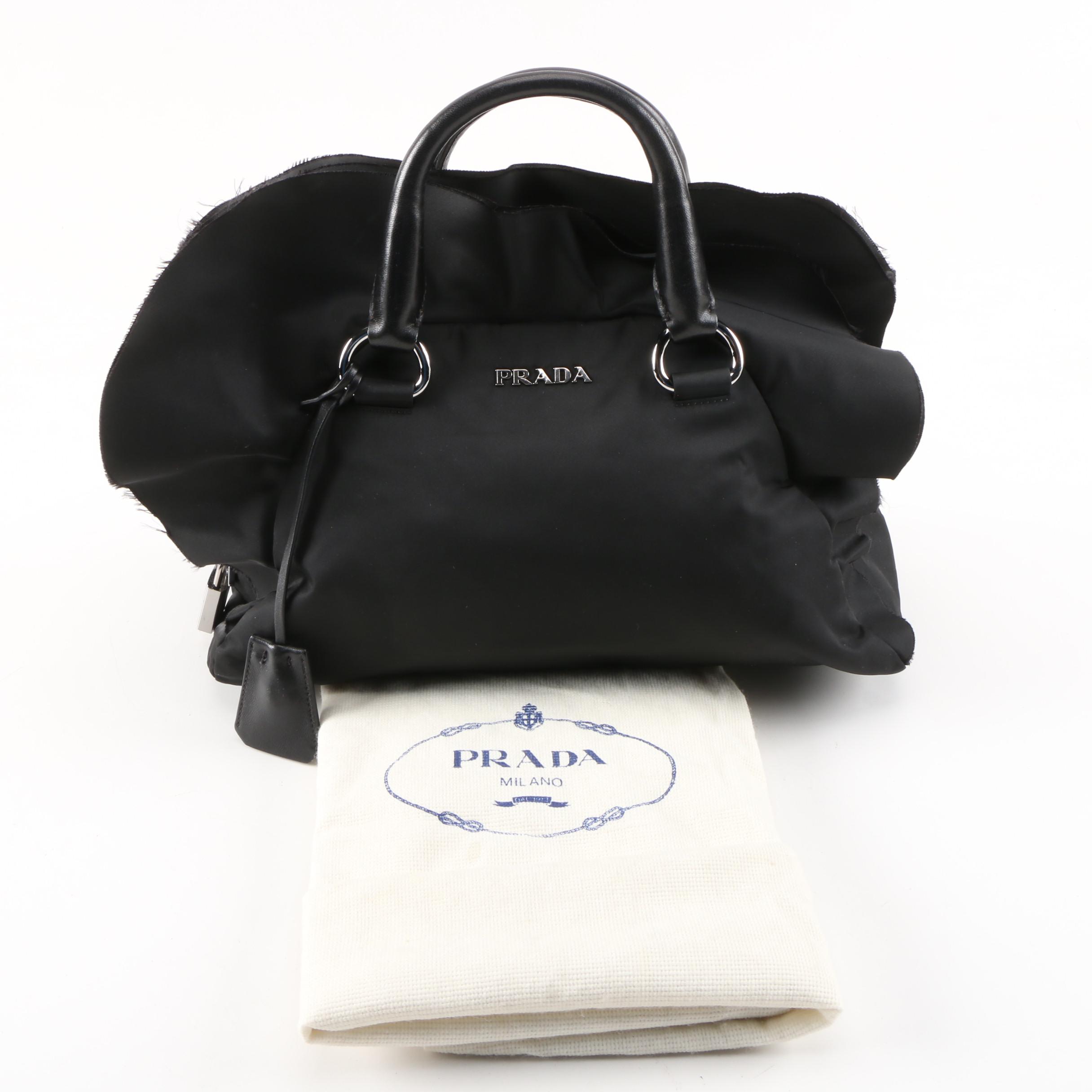 Prada Frilled Handbag in Nero Tessuto Nylon and Leather