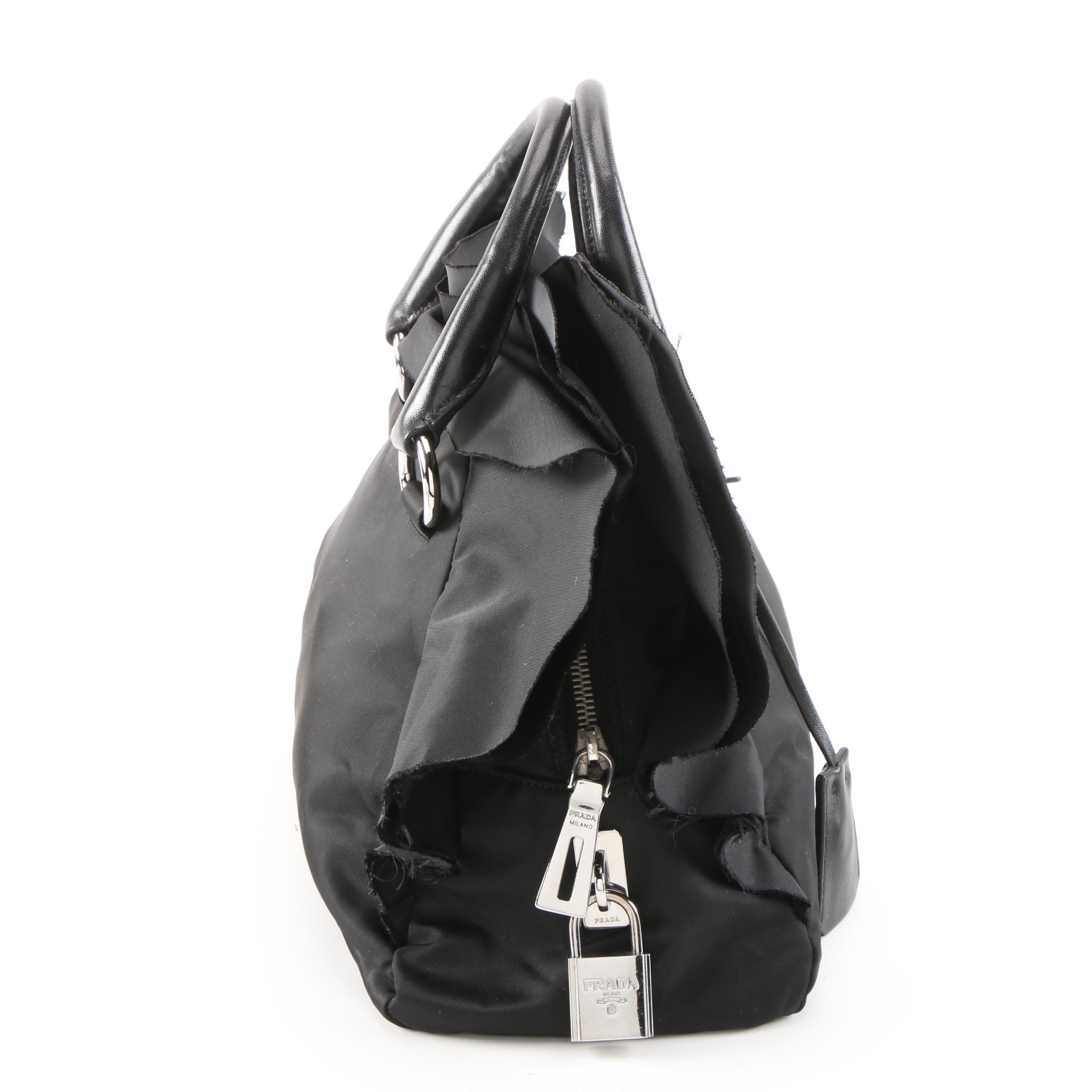 Prada Frilled Handbag in Nero Tessuto Nylon and Leather