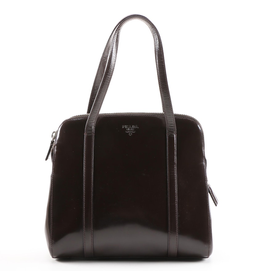 Prada Dark Brown Glazed Leather Domed Bag