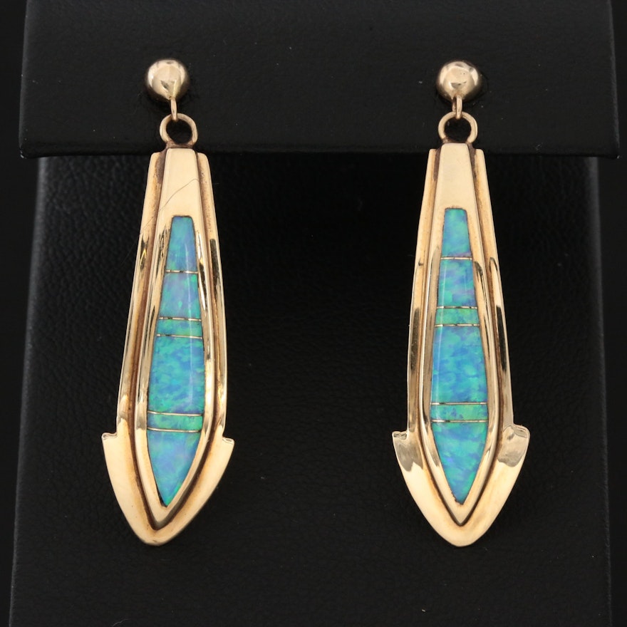 14K Yellow Gold Synthetic Opal Dangle Earrings