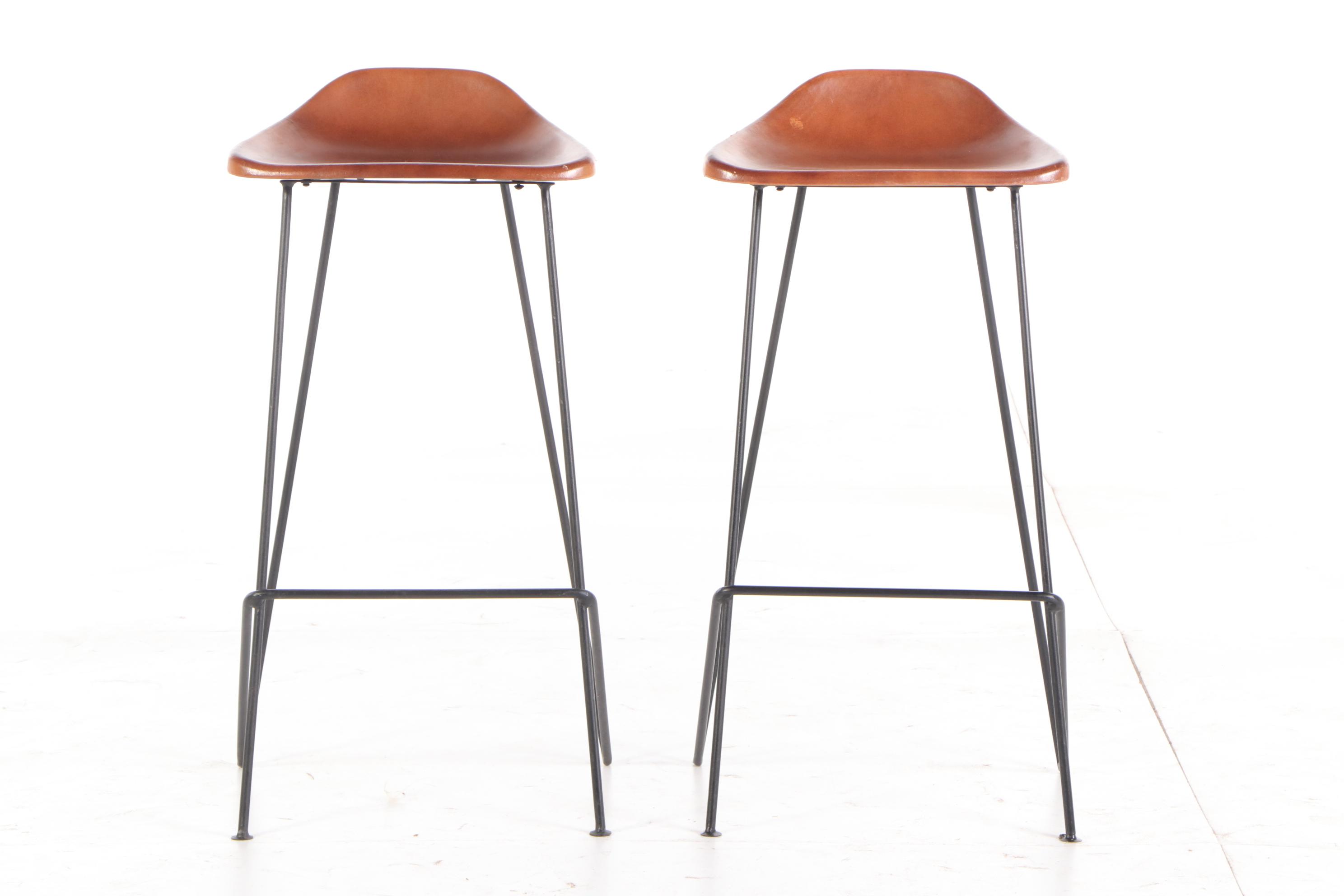 Contemporary Modern Molded Leather Shell Seat and Metal Frame Bar Stools