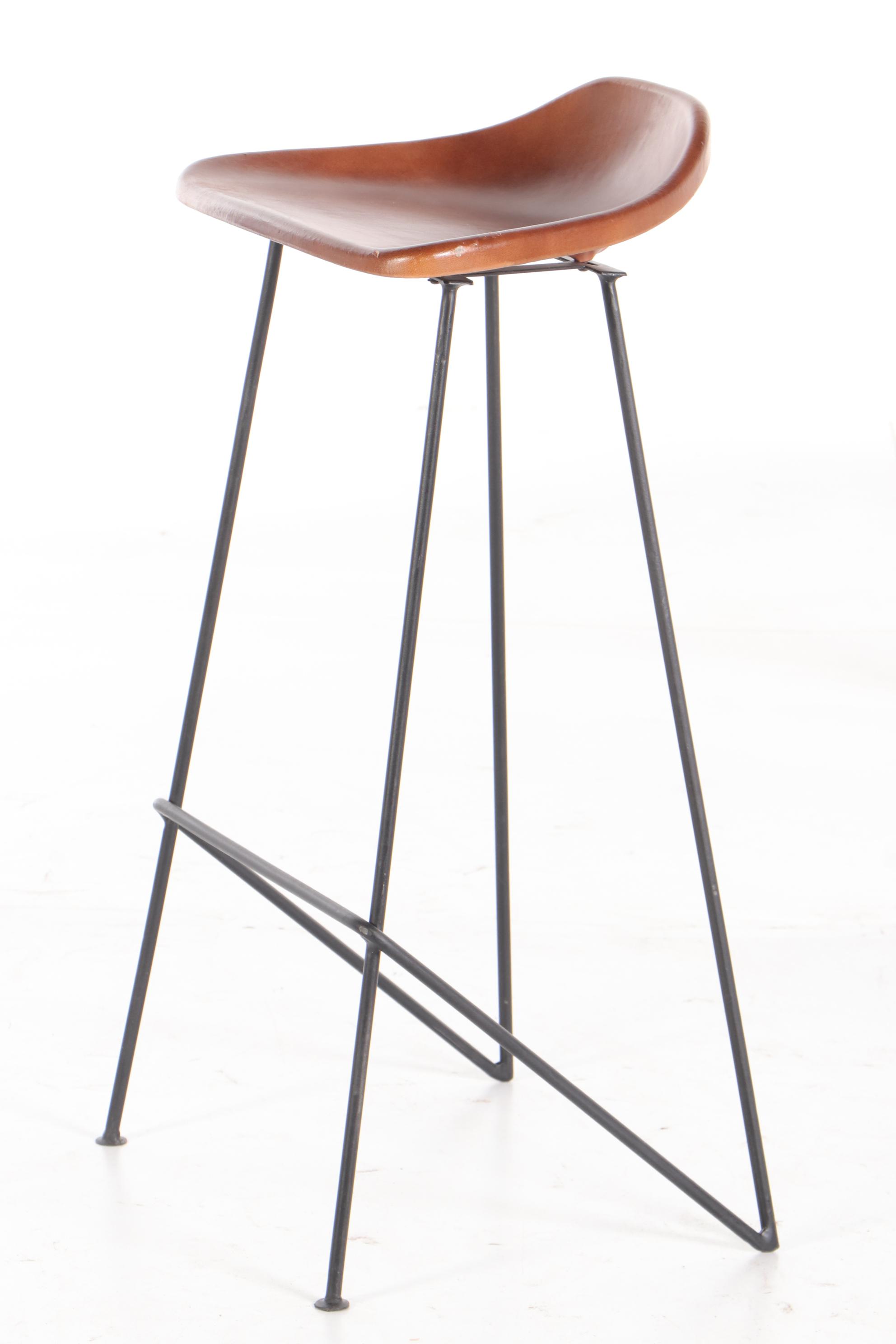 Contemporary Modern Molded Leather Shell Seat and Metal Frame Bar Stools