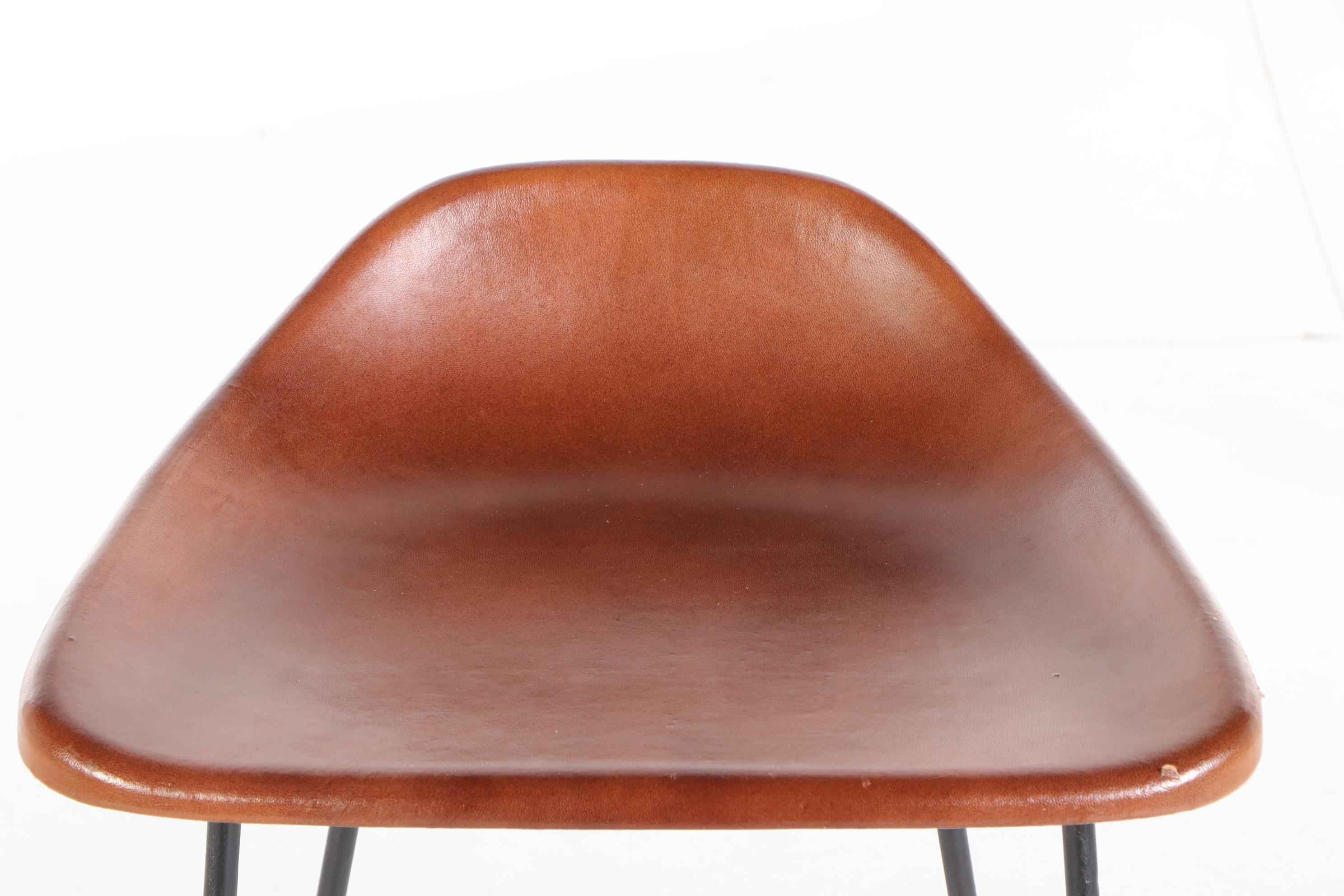 Contemporary Modern Molded Leather Shell Seat and Metal Frame Bar Stools