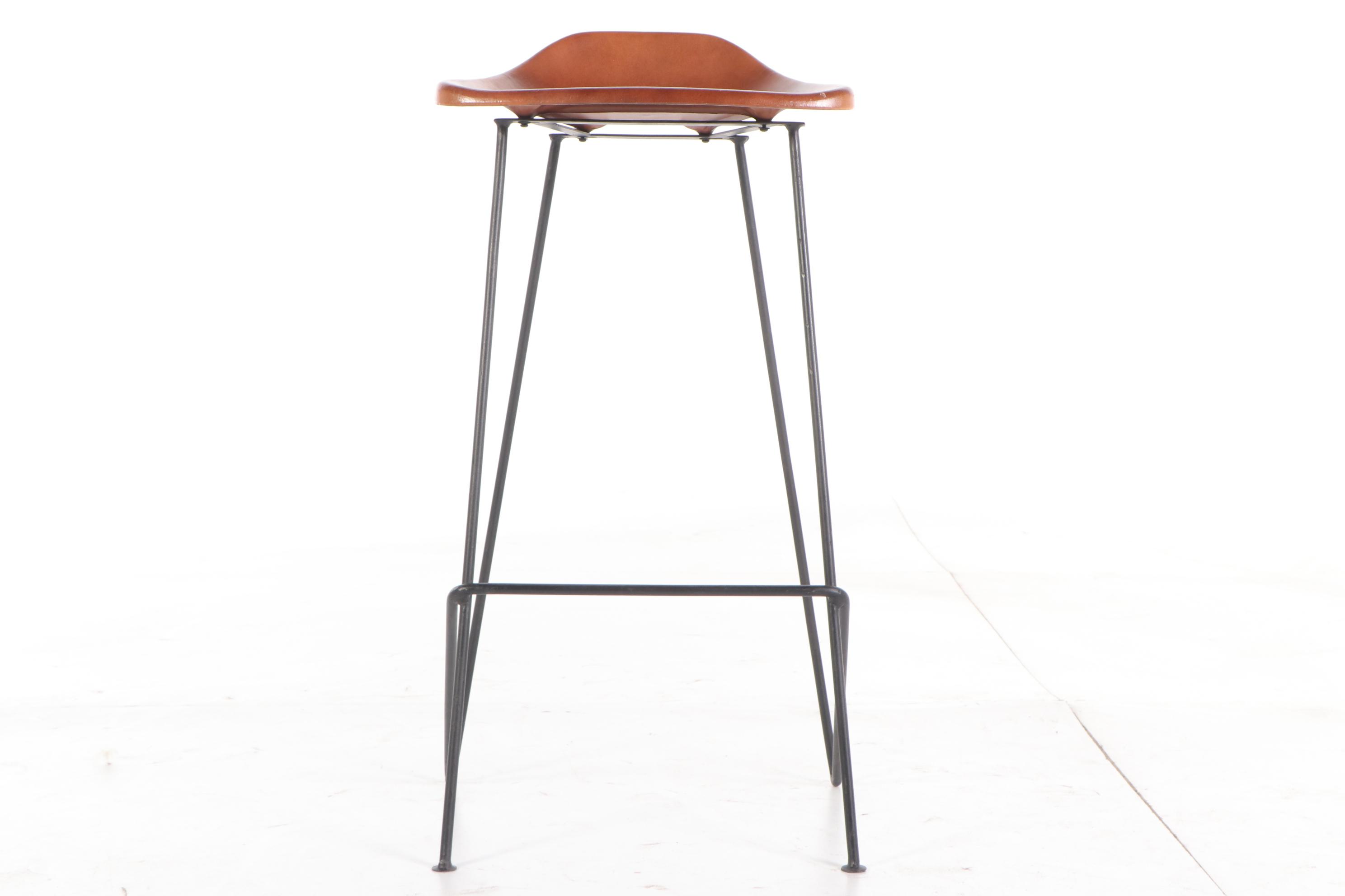 Contemporary Modern Molded Leather Shell Seat and Metal Frame Bar Stools