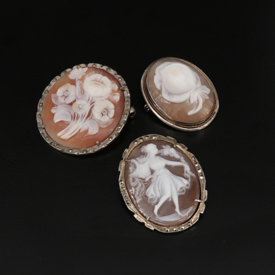 Vintage 800 Silver Carved Shell Cameo Converter Brooches