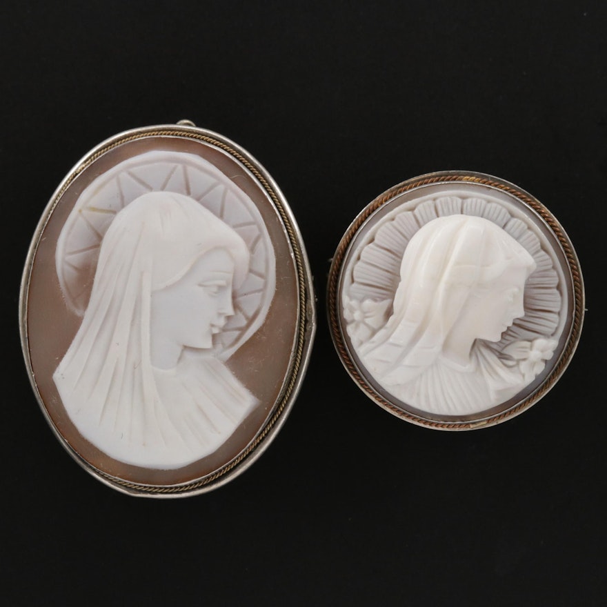 Vintage 800 and 900 Silver Religious Theme Carved Shell Cameo Converter Brooches