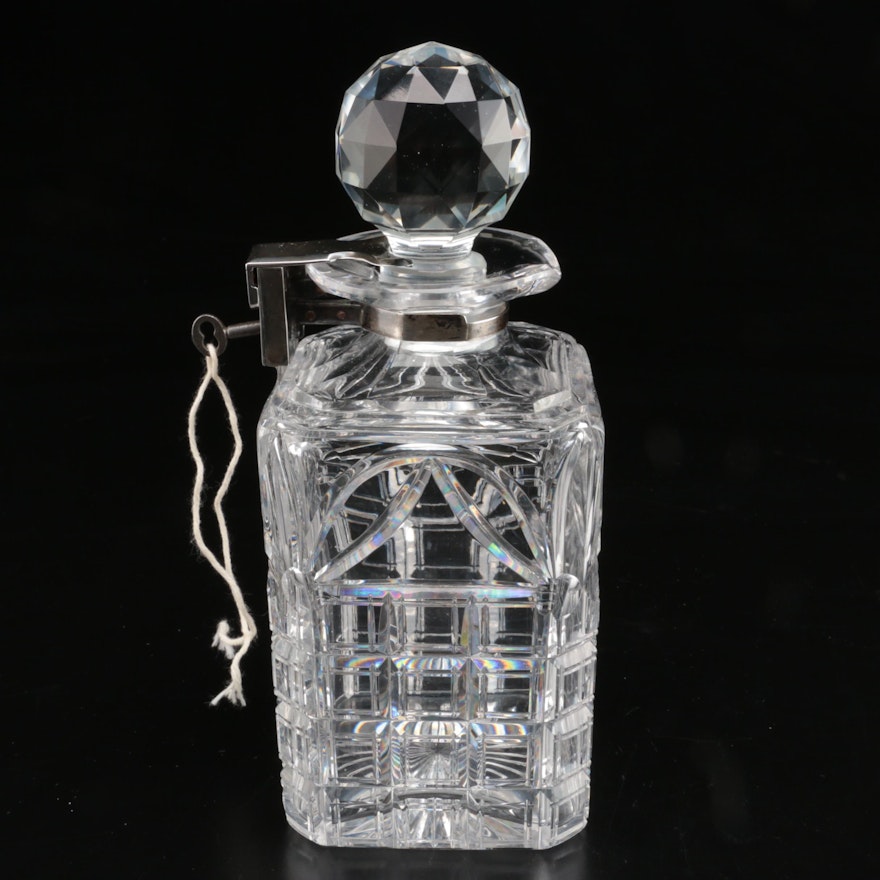 George Betjeman & Sons Lockable Sterling Silver Mounted Crystal Decanter, 1920s