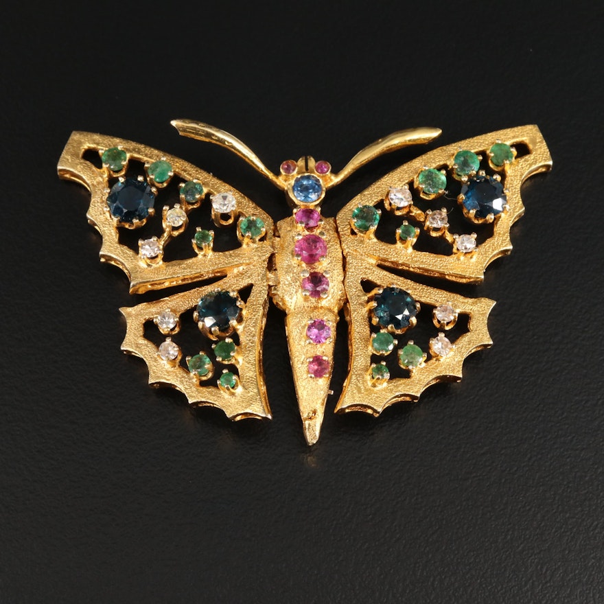 1960's 14K Yellow Gold Sapphire, Ruby, Emerald, and Diamond Butterfly Brooch