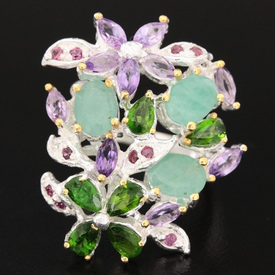 Sterling Silver Green Beryl, Amethyst and Diopside Floral Ring