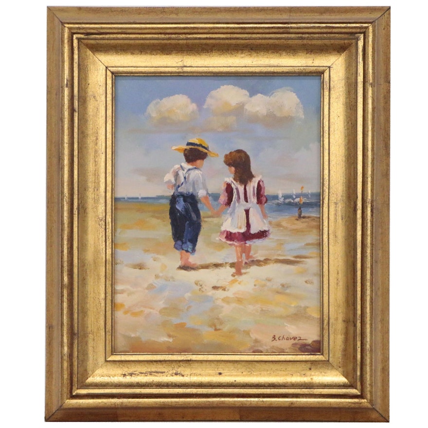 B. Chavez Oil Painting of Two Children at Beach