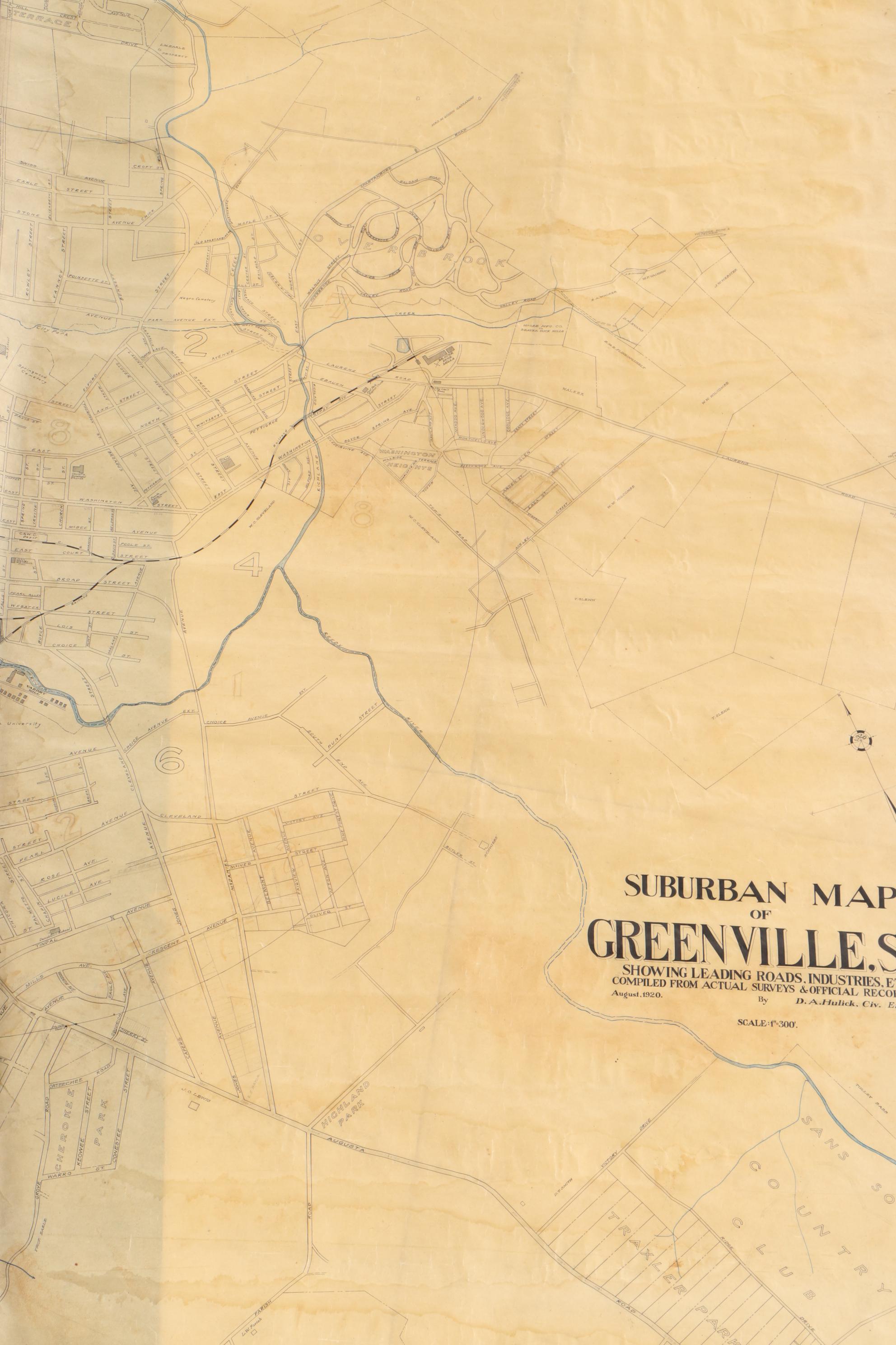 Large-Format Map Draft and Blueprint of Greenville, South Carolina, 1920
