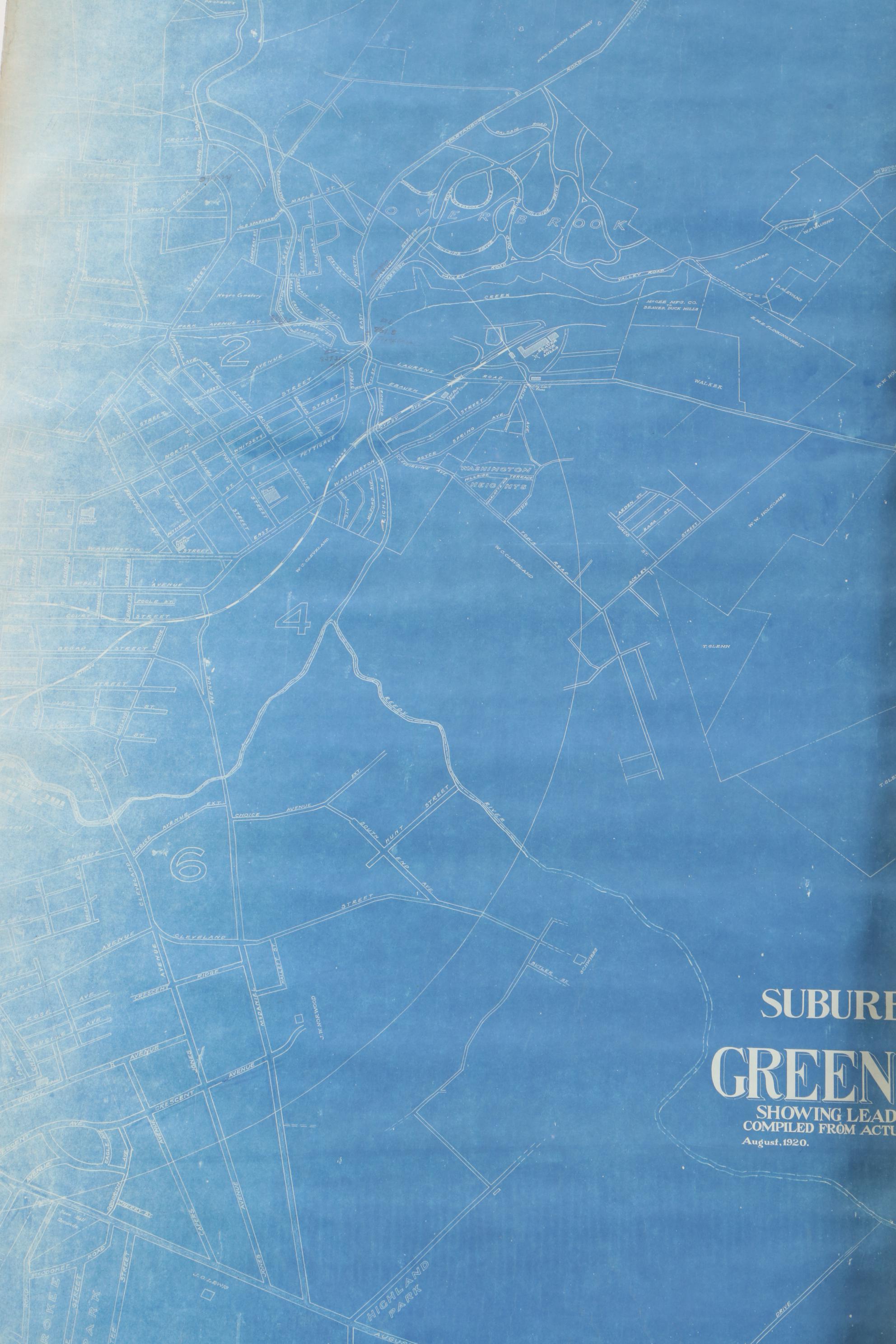 Large-Format Map Draft and Blueprint of Greenville, South Carolina, 1920