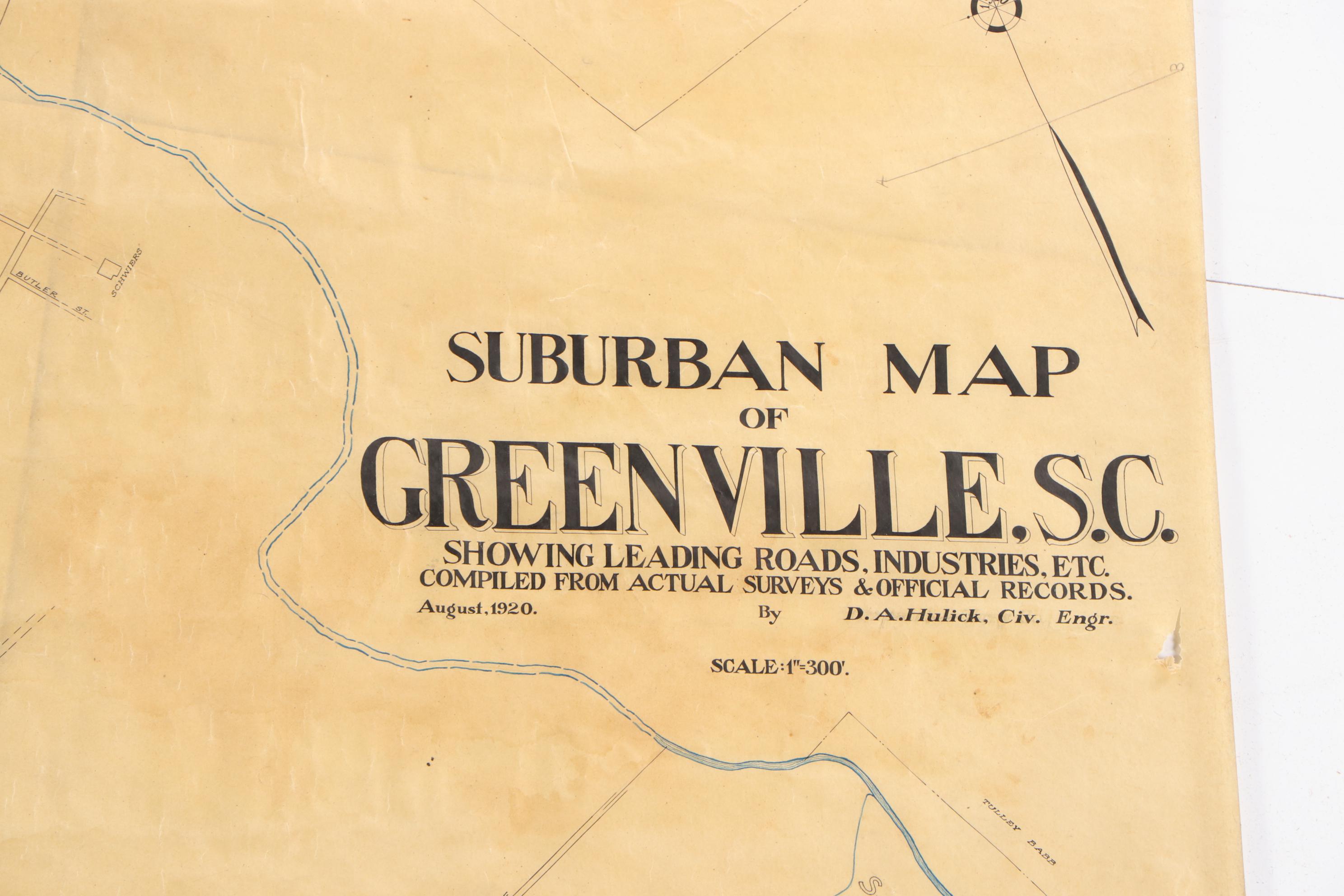 Large-Format Map Draft and Blueprint of Greenville, South Carolina, 1920