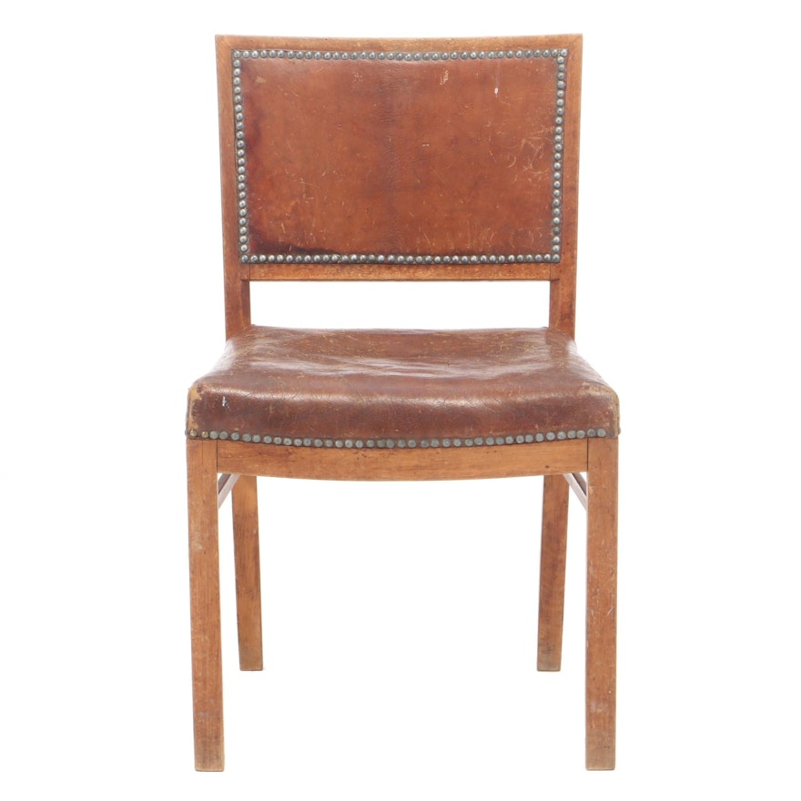 Distressed Brown Leather and Stained Beech Side Chair, 20th Century