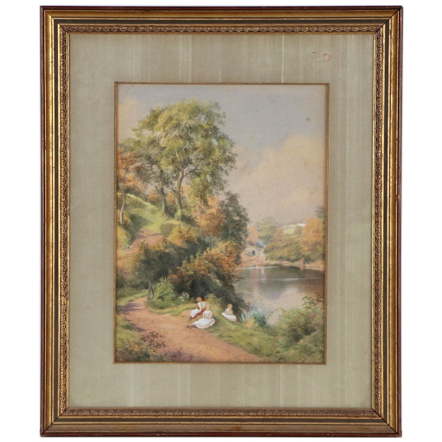 Landscape Watercolor Painting of Three Girls Sitting by River