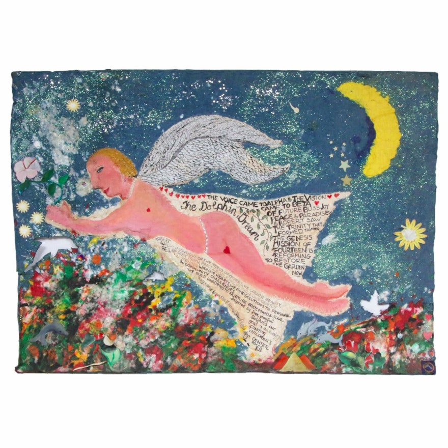 Folk Art Mixed Media Painting on Handmade Paper "Dolphin Dream"