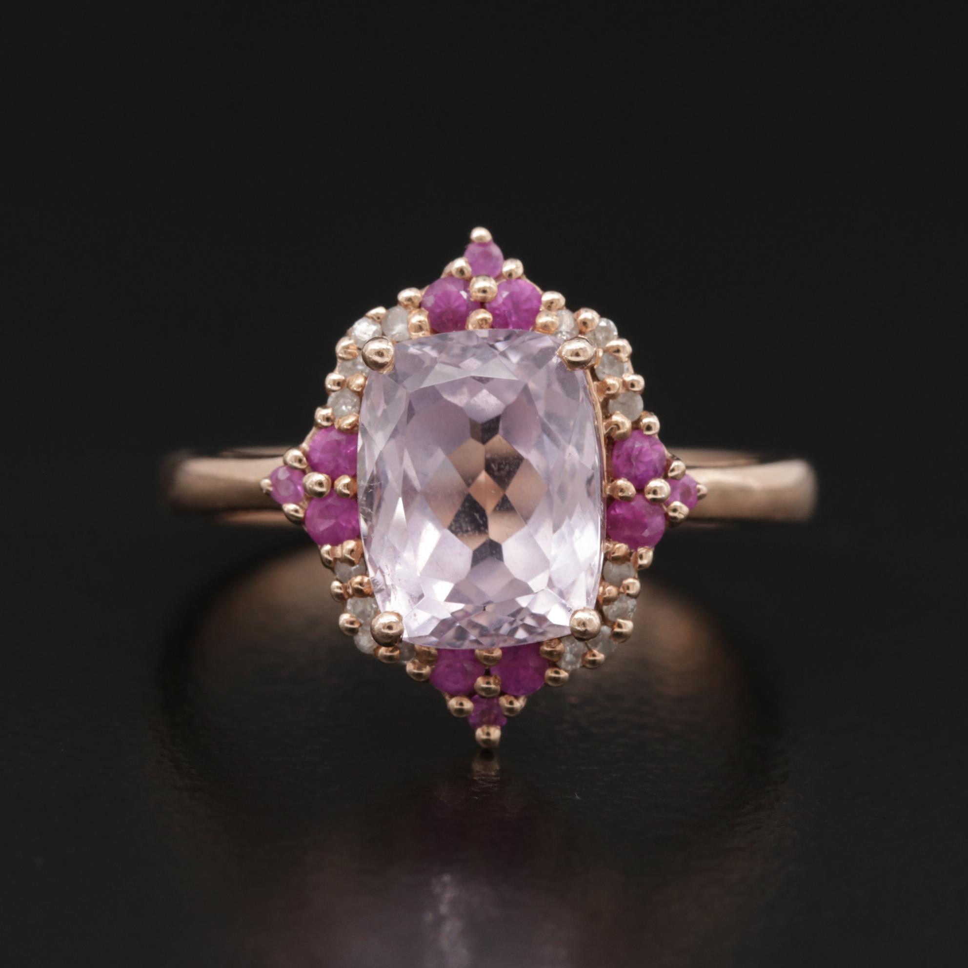 14K Rose Gold Kunzite, Ruby and Diamond Ring