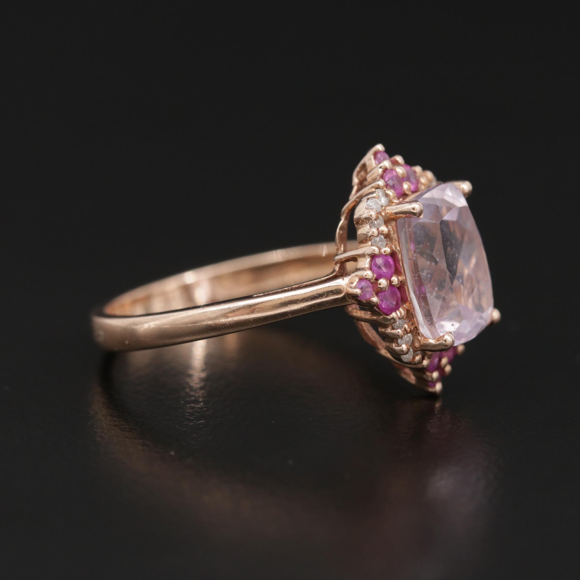 14K Rose Gold Kunzite, Ruby and Diamond Ring