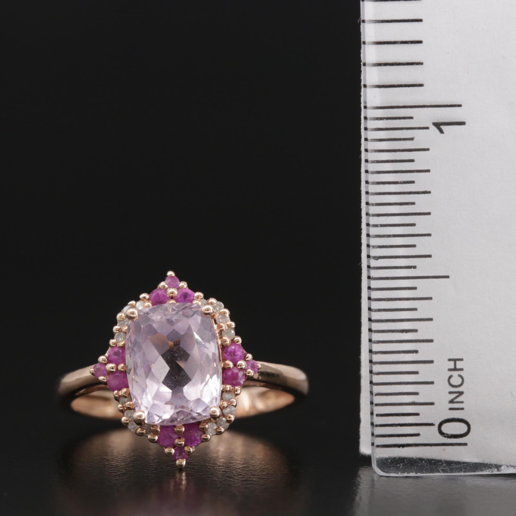 14K Rose Gold Kunzite, Ruby and Diamond Ring