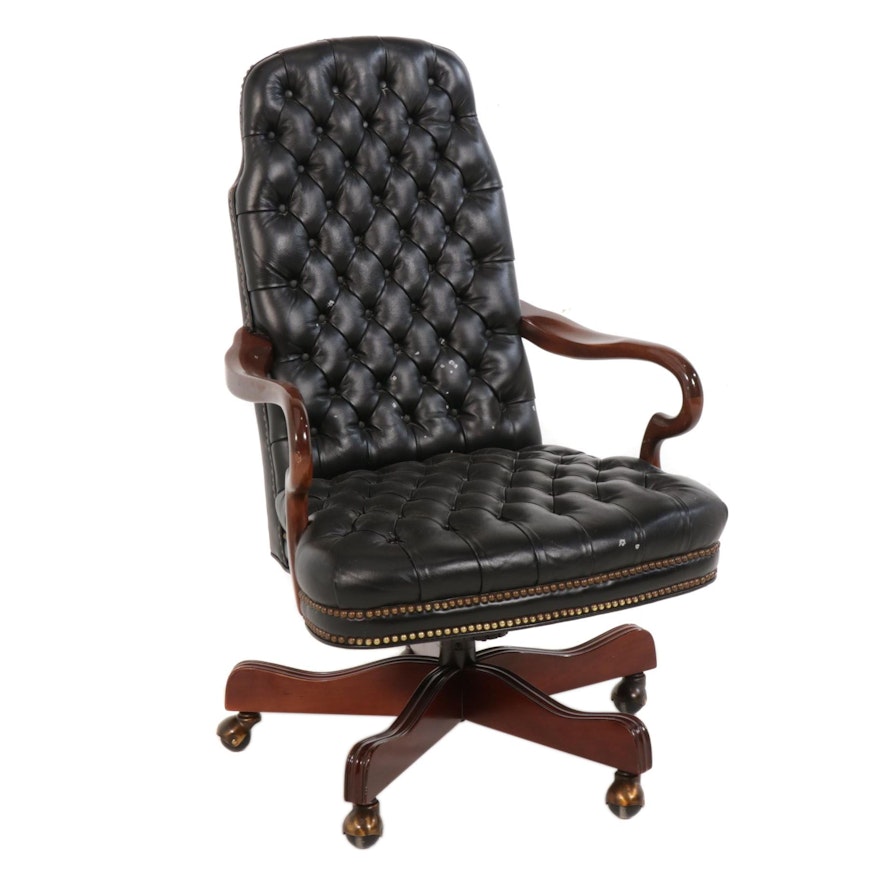 Leather Tufted and Mahogany-Finished Wood Executive Desk Chair
