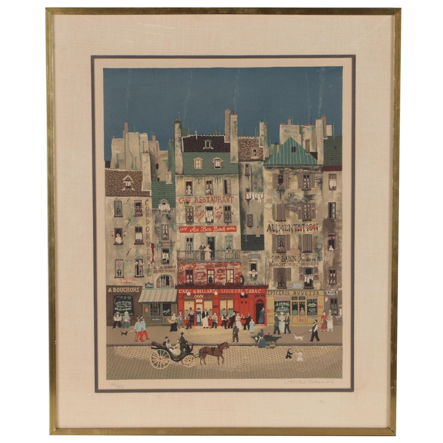 Michel Delacroix Color Lithograph of French Street Scene