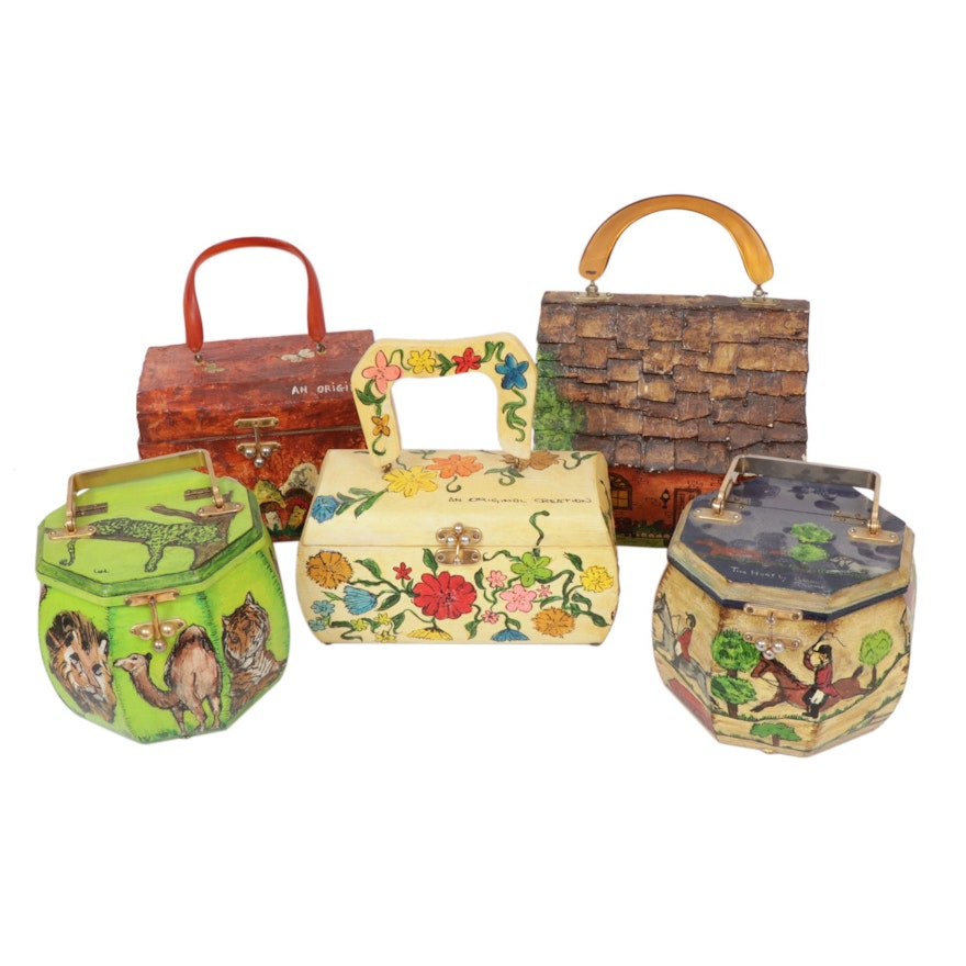 Hand-Painted Wood Box Purses by Carol Salome, 1970s Vintage