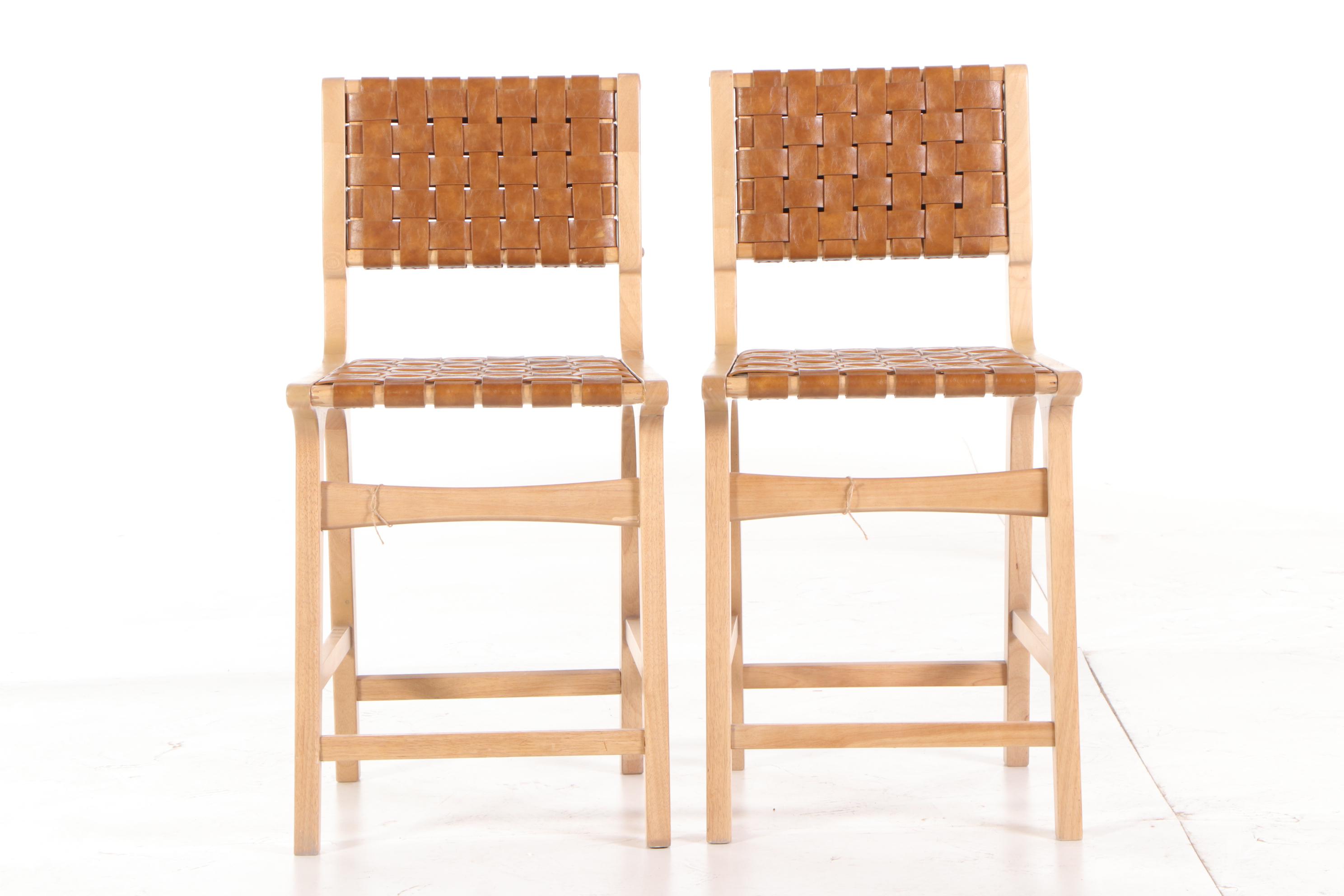 Pair of Mid Century Modern Style Woven Leather Counter Stools