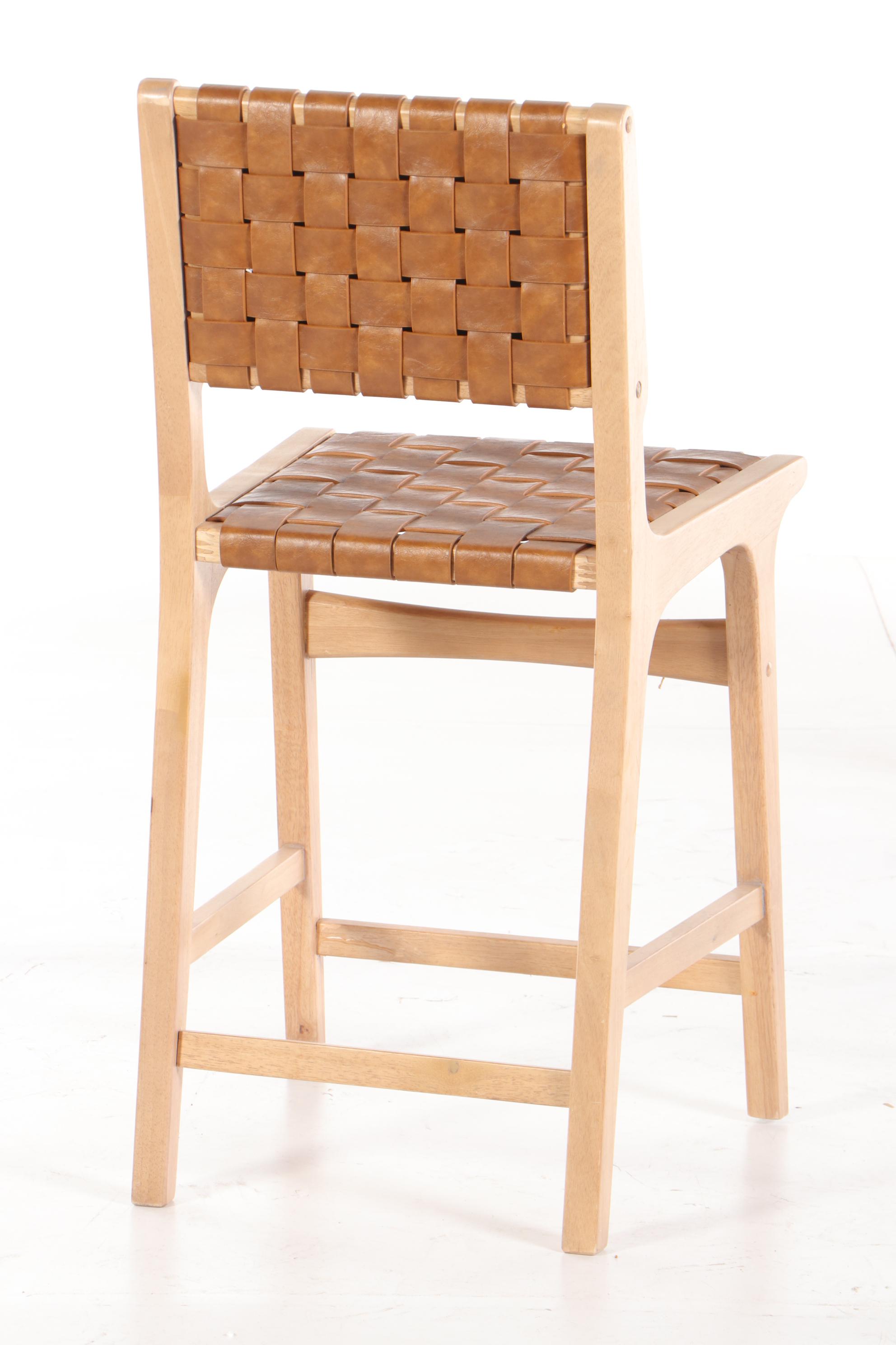 Pair of Mid Century Modern Style Woven Leather Counter Stools