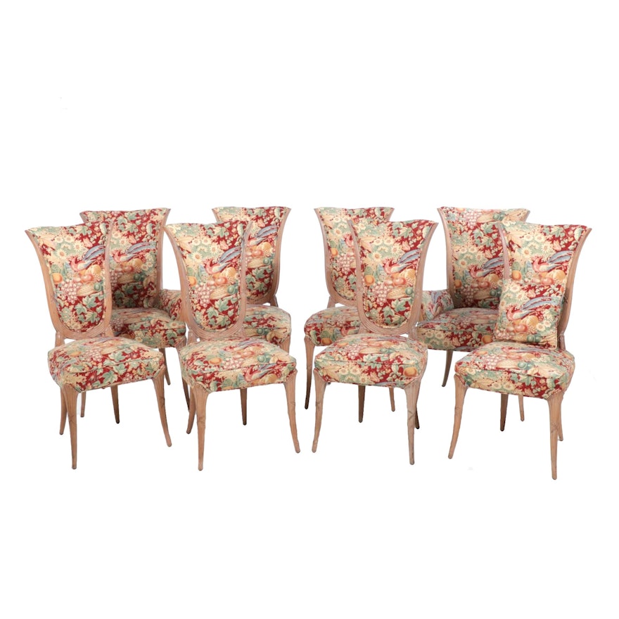 Eight Floral Upholstered Neoclassical Style Dining Chairs, Late 20th Century