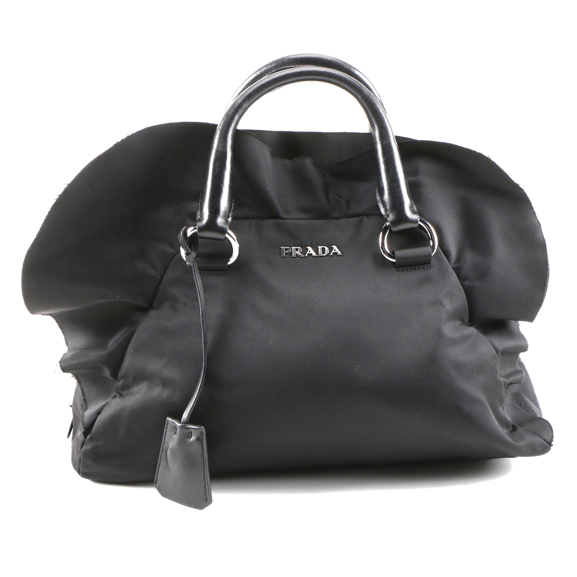 Prada Frilled Handbag in Nero Tessuto Nylon and Leather