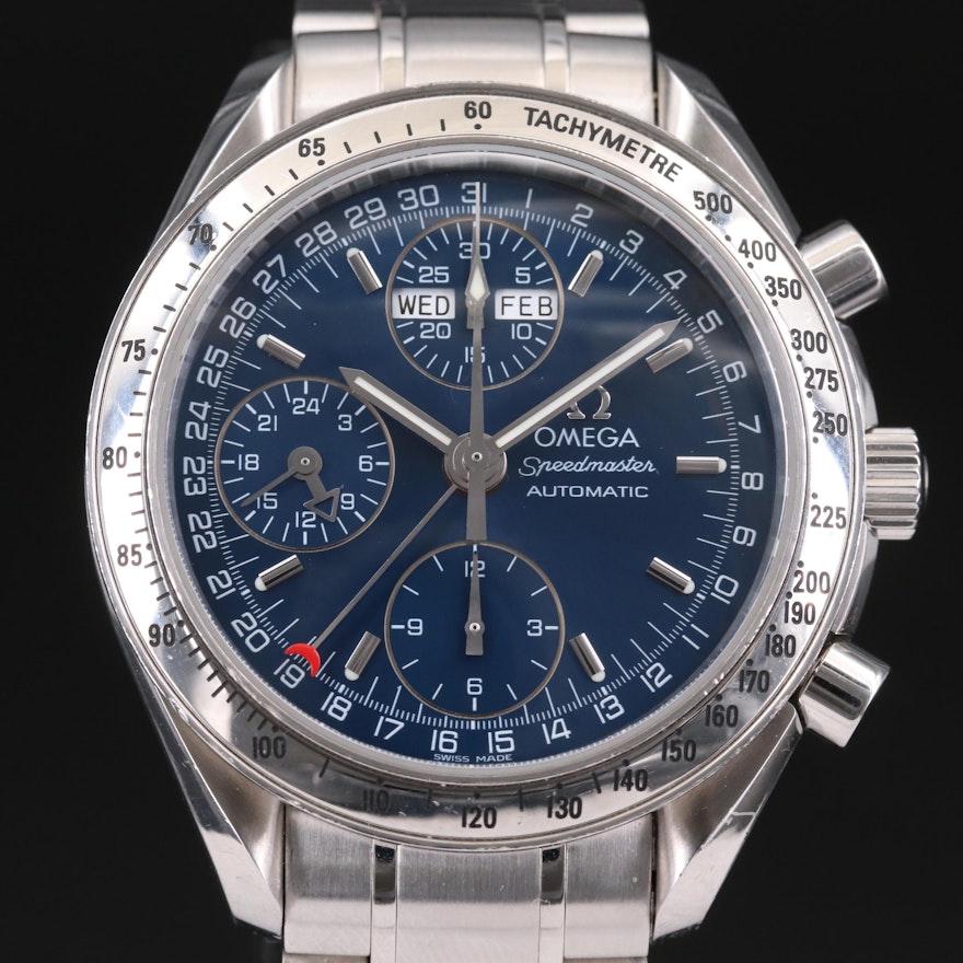 Omega Speedmaster Day-Date Stainless Steel Automatic Chronograph Wristwatch