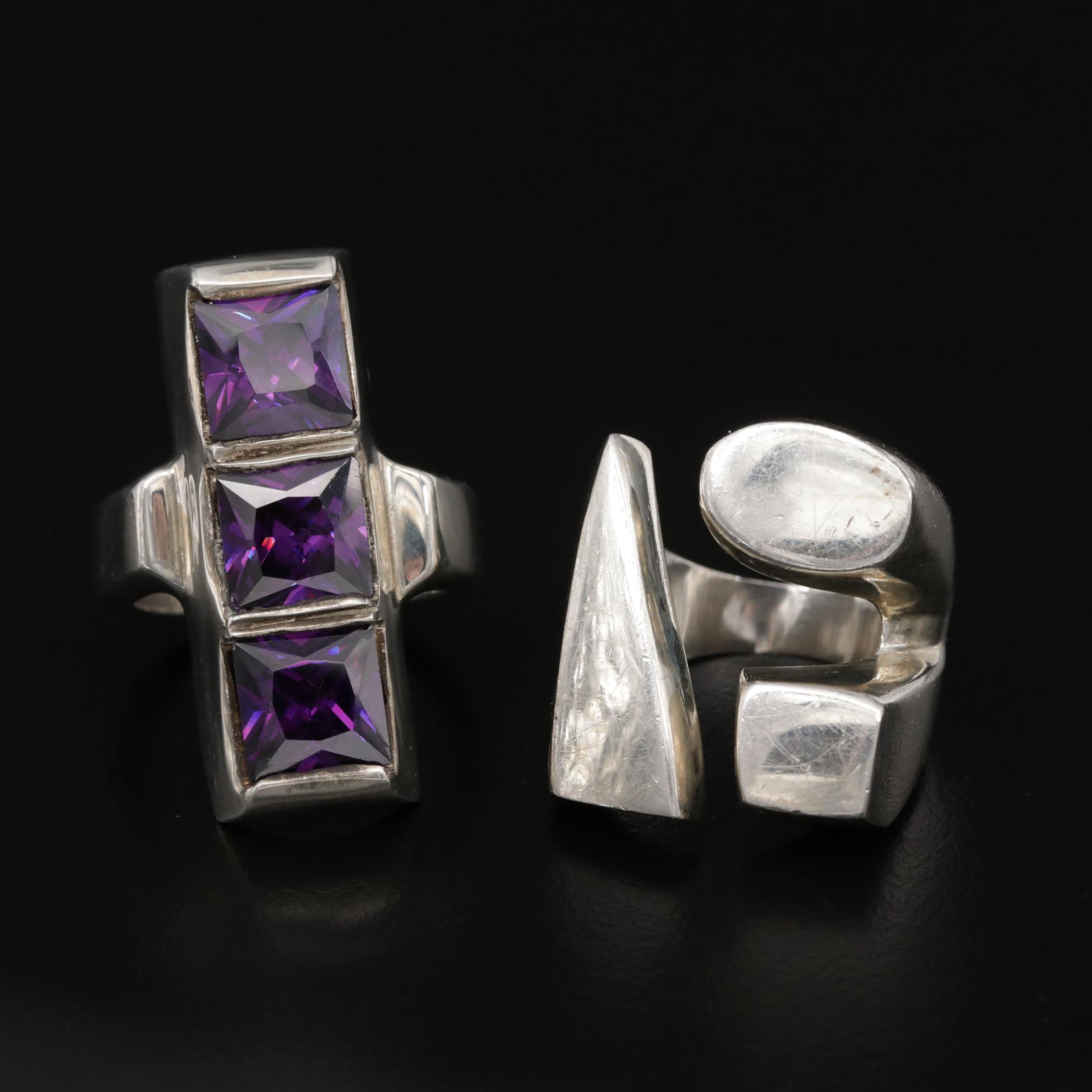 Sterling Silver Rings Including Mexican Piece and Cubic Zirconia