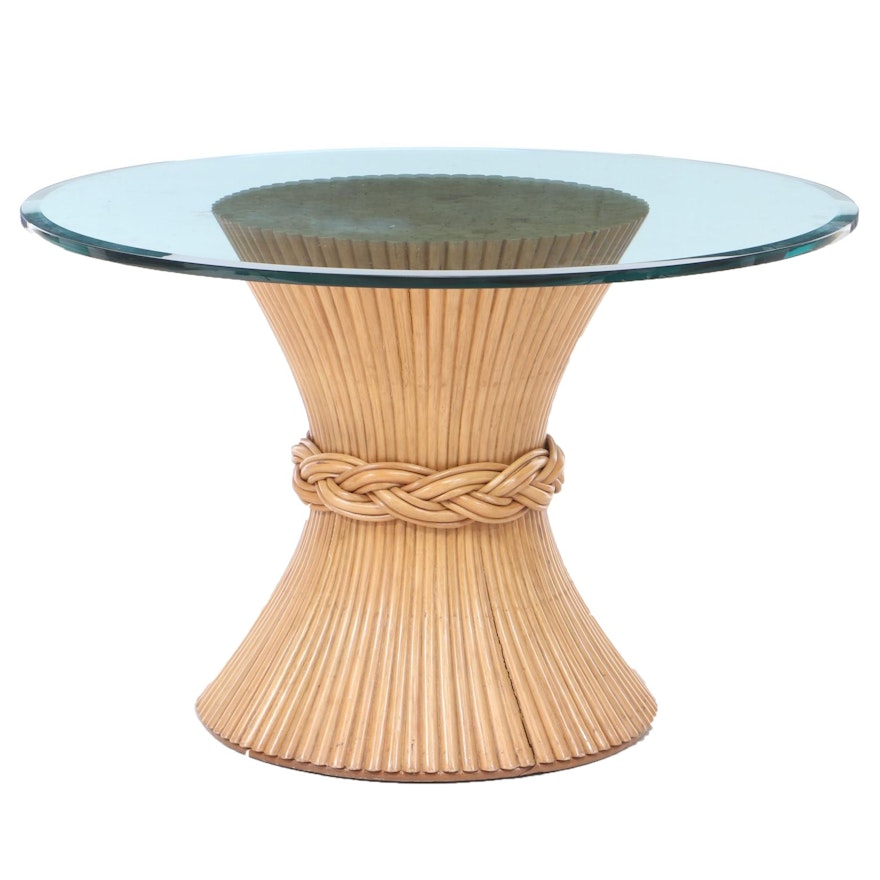 McGuire Bundled Rattan Reed Pedestal Dining Table with Beveled Glass Top