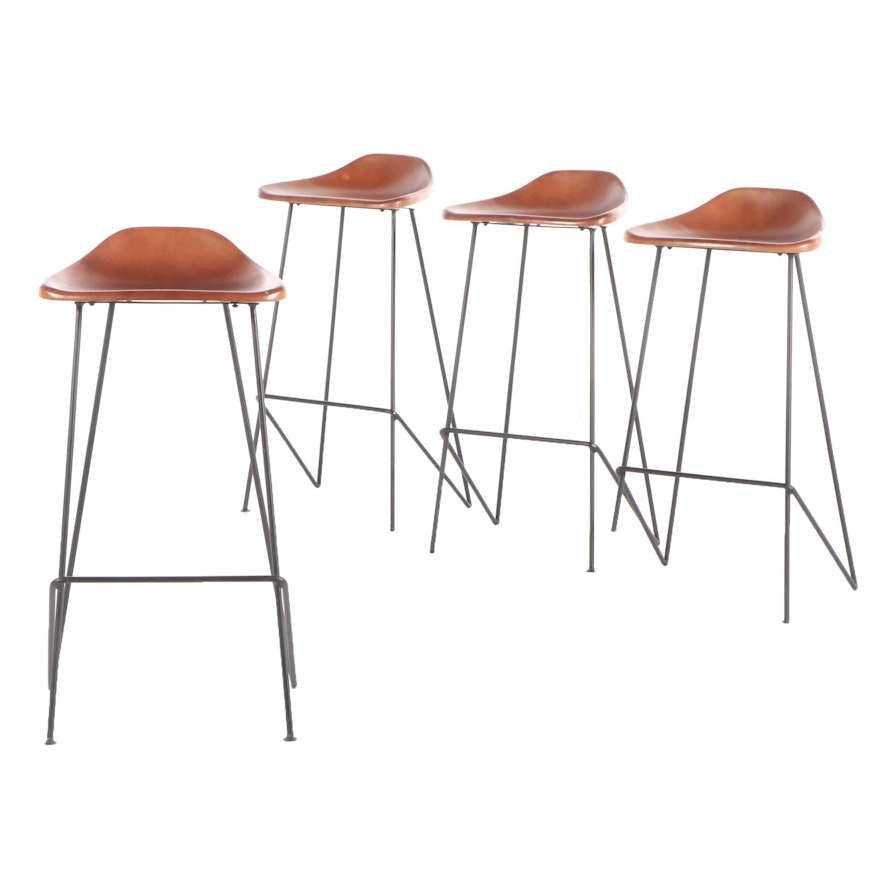 Contemporary Modern Molded Leather Shell Seat and Metal Frame Bar Stools