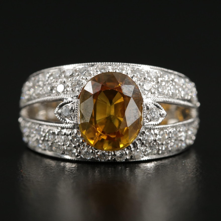 18K White Gold 3.00 CT Yellow Sapphire and Diamond Ring