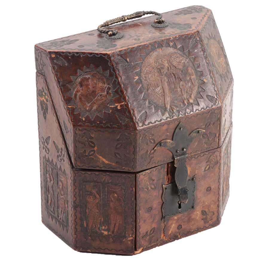 Continental Tooled Leather-Wrapped Letter Box, Late 19th/ Early 20th Century