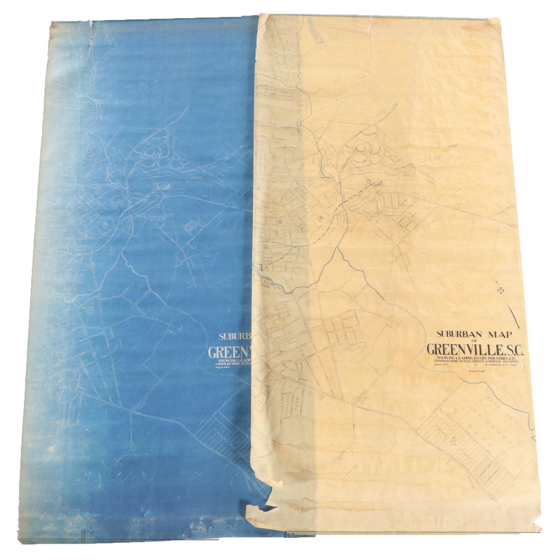 Large-Format Map Draft and Blueprint of Greenville, South Carolina, 1920