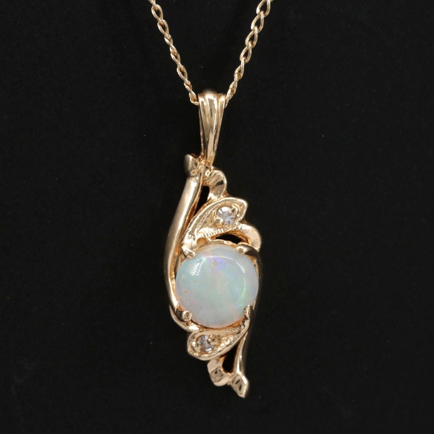 14K Yellow Gold Opal and Diamond Pendant on Curb Link Chain