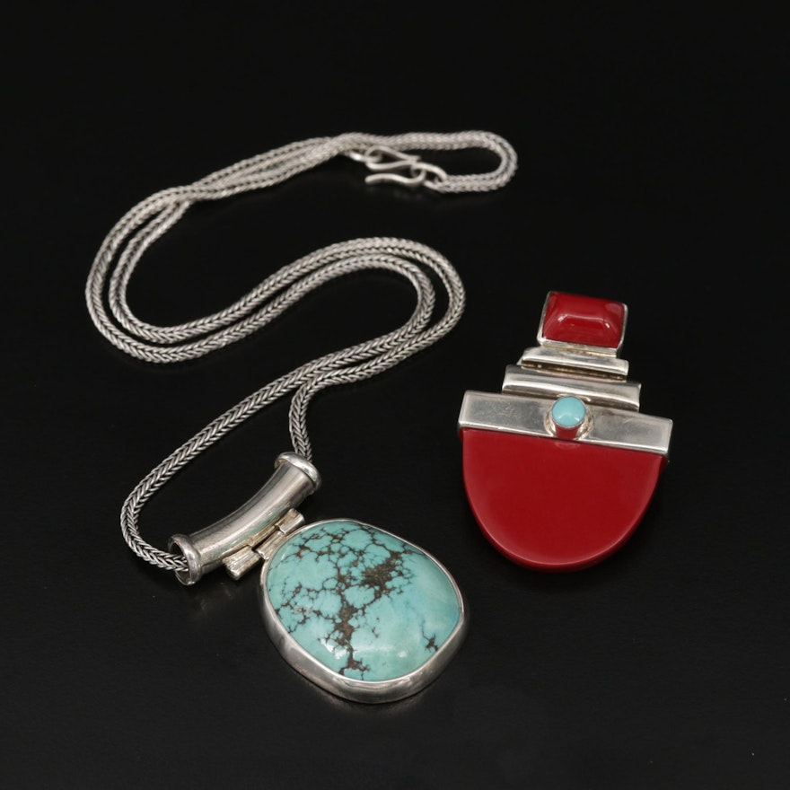 Sterling Turquoise Pendant Necklace and Jasper Converter Brooch