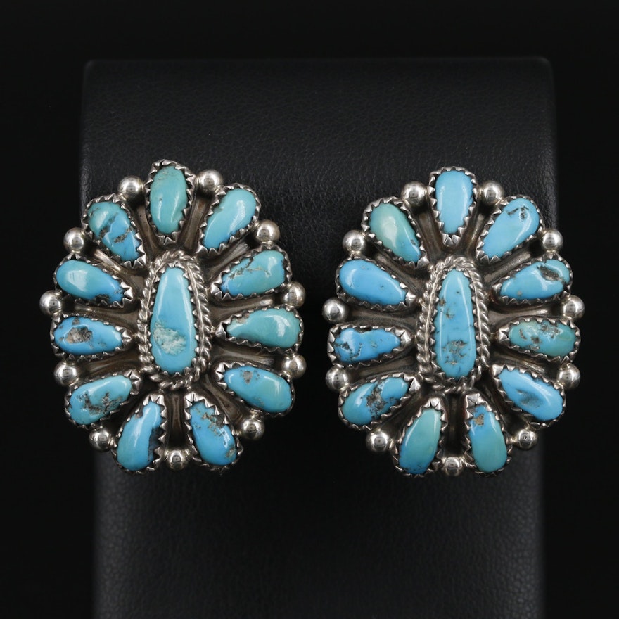 Southwestern Style Sterling Silver Turquoise Cluster Earrings