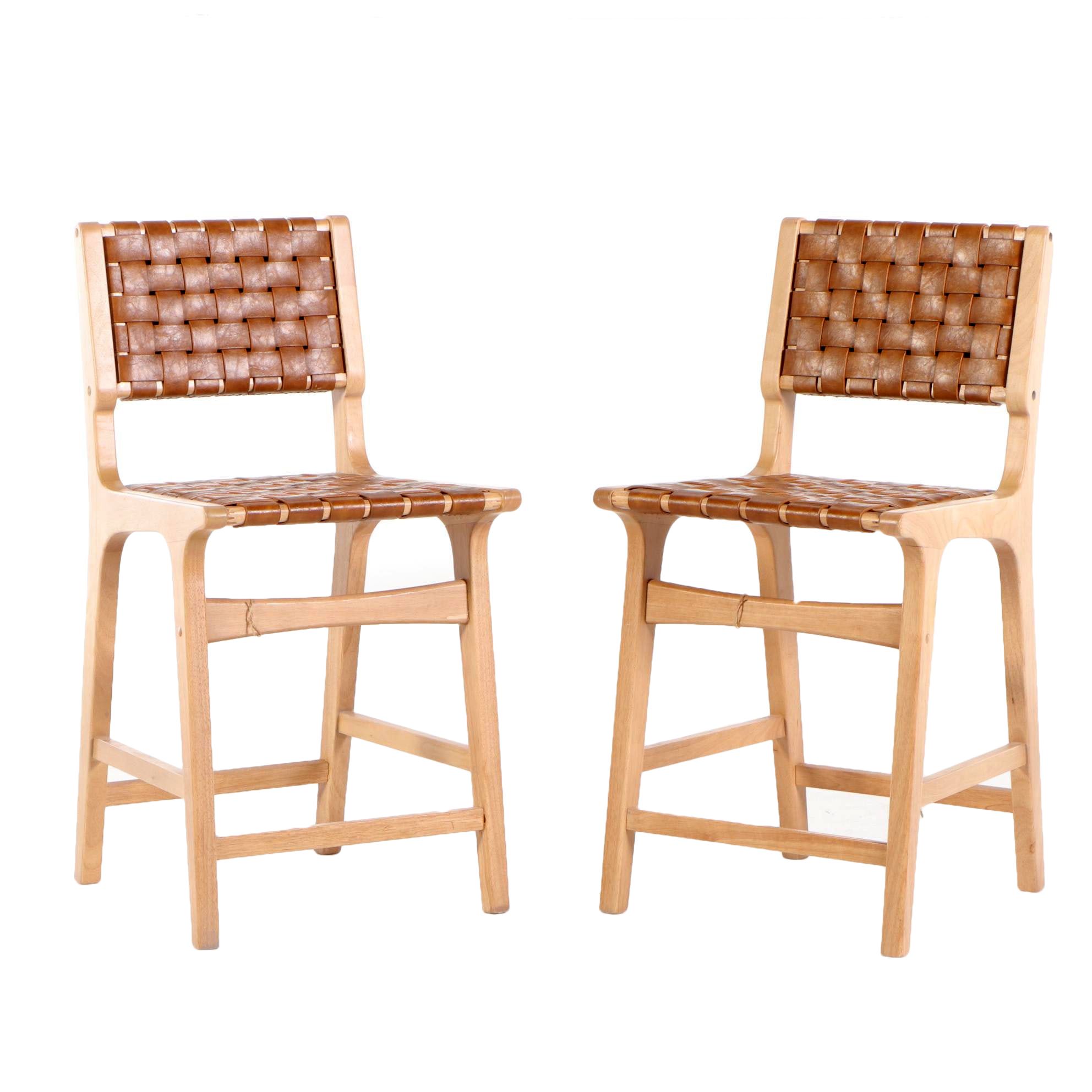 Pair of Mid Century Modern Style Woven Leather Counter Stools