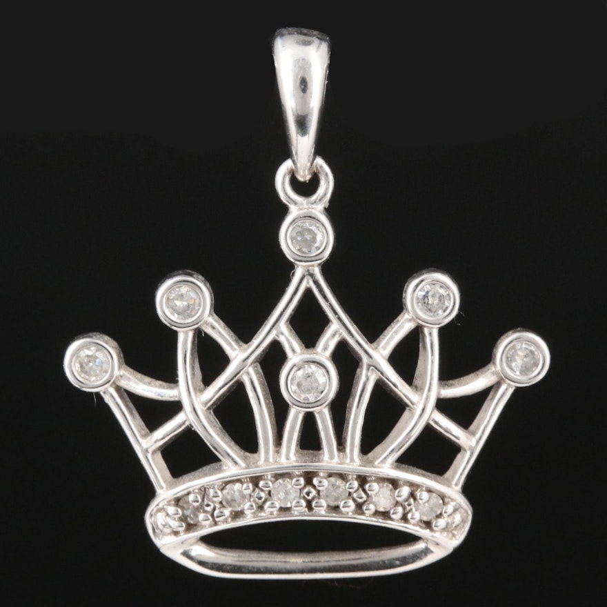 10K White Gold Diamond Crown Pendant